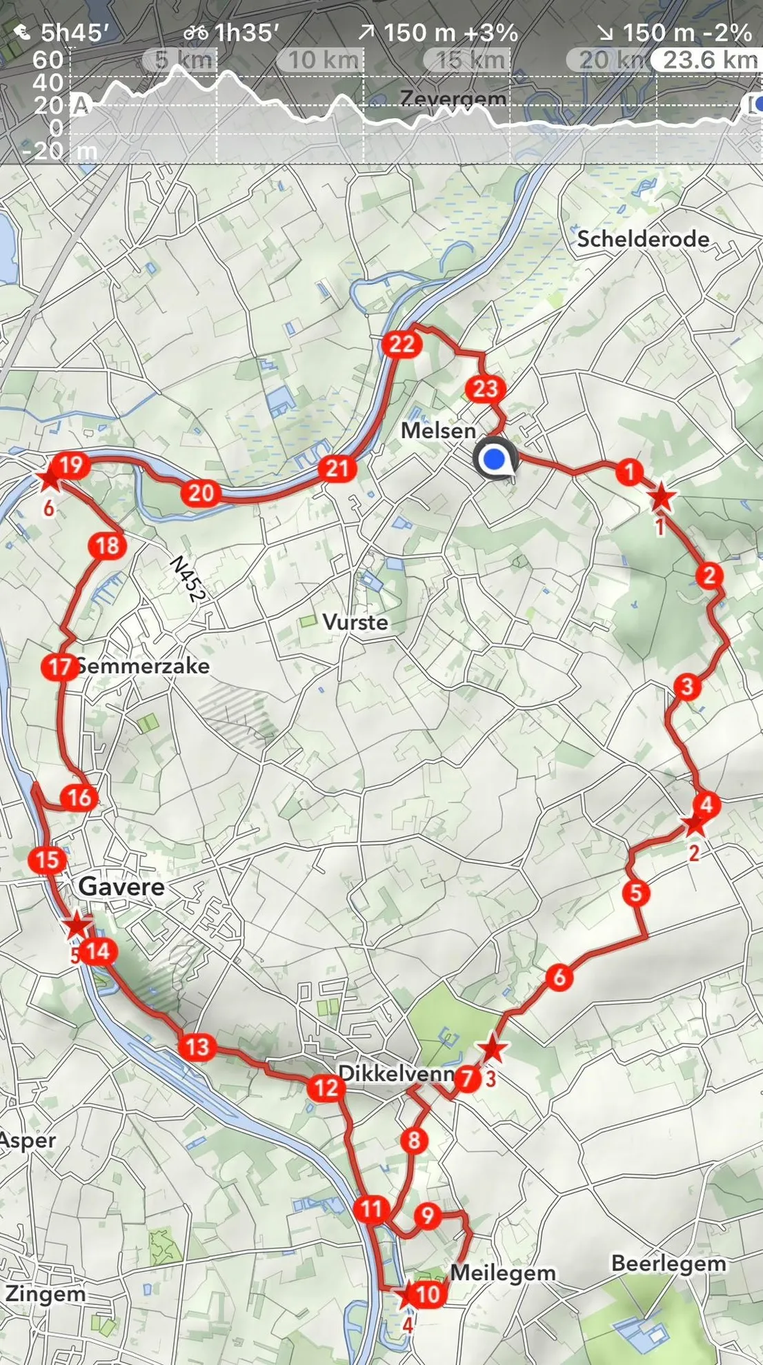 De uitgestippelde route: 23,6 km van Melsen naar Melsen.